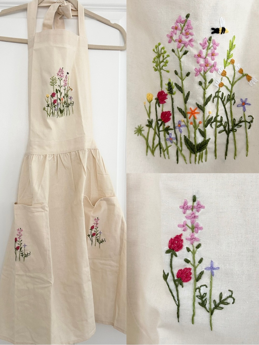 Floral Hand-Embroidered Cream Apron With Wildflower Garden / Bee Motif